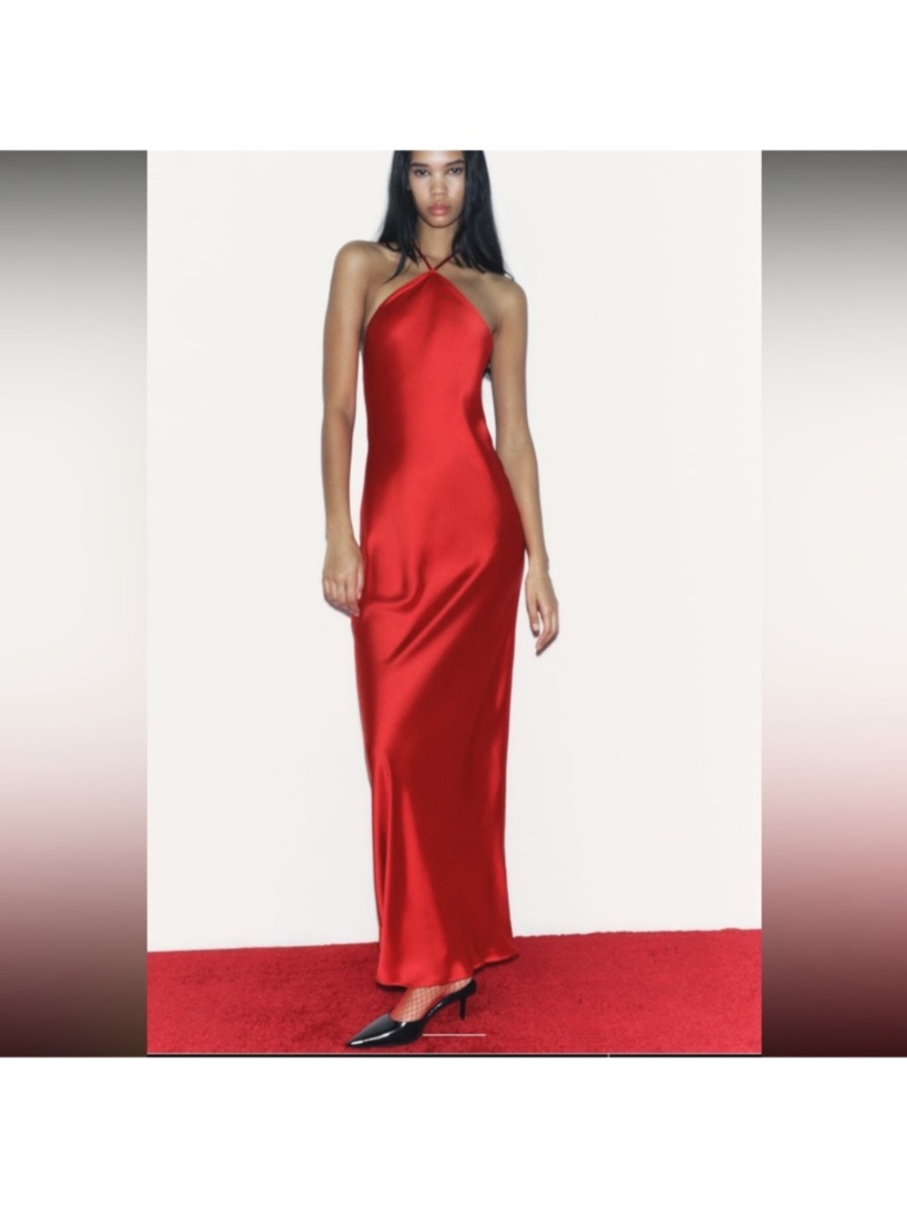 Zara Red Satin Halter Maxi Dress